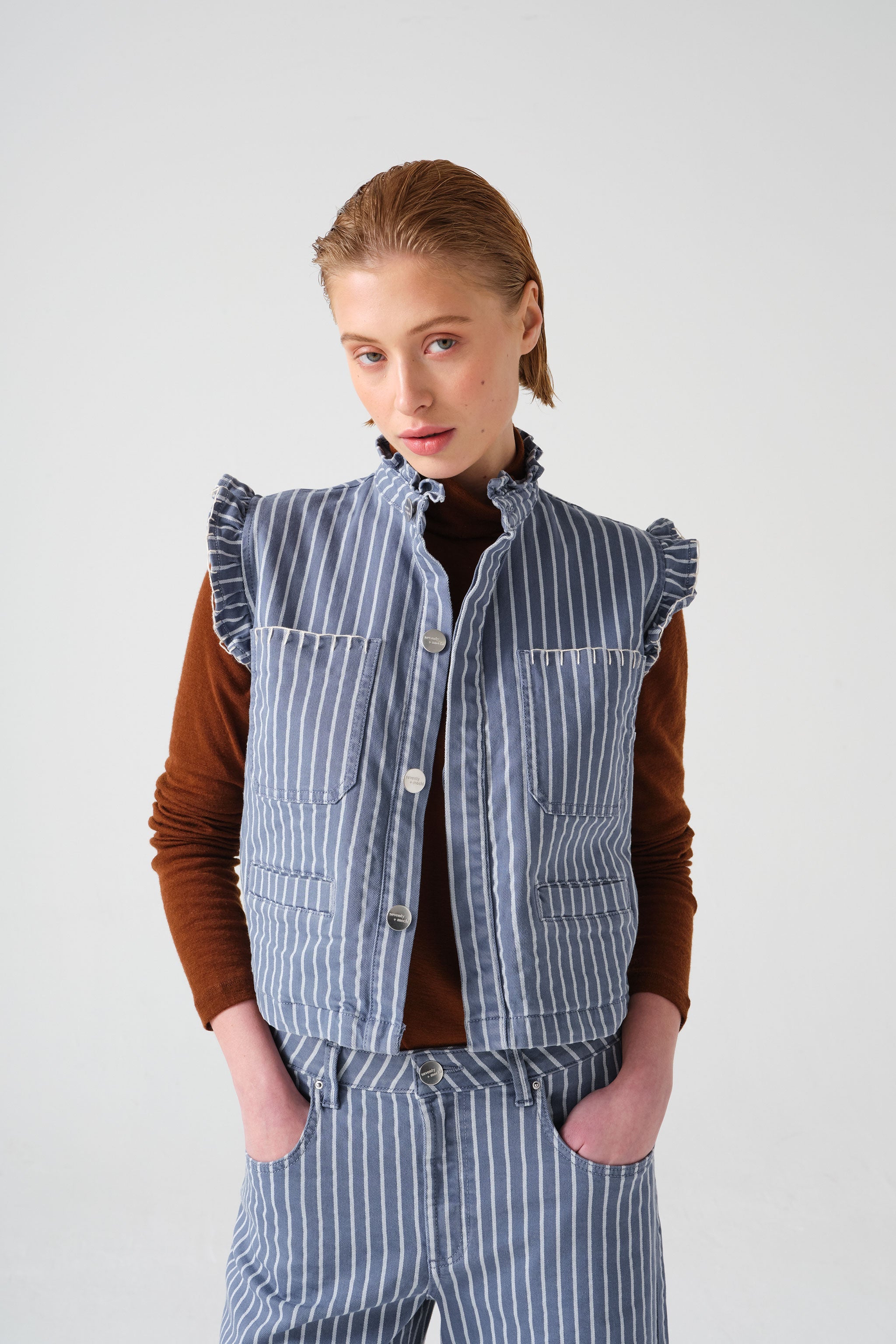 Pablo Waistcoat in Washed Denim Wide Stripe