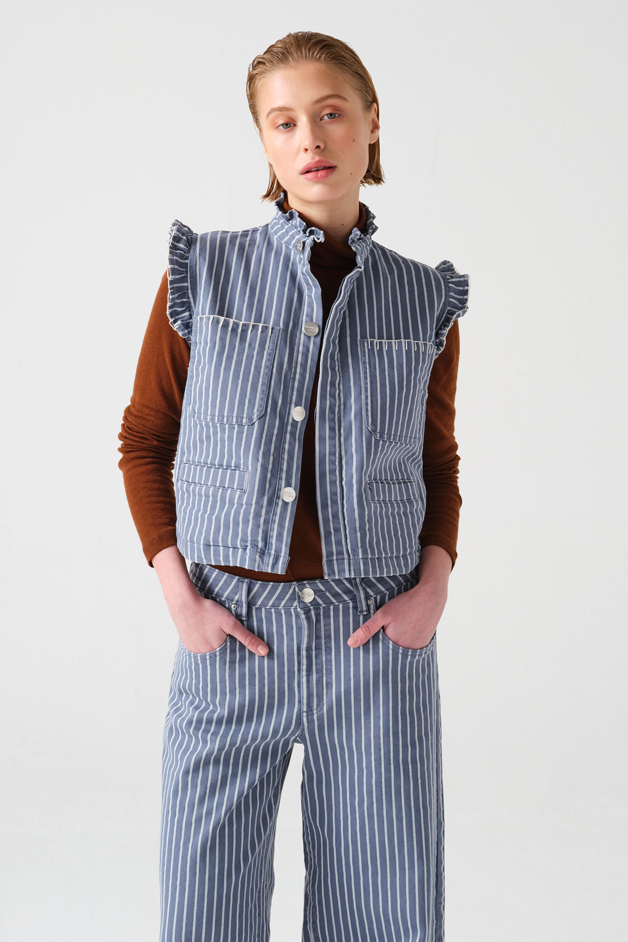 Pablo Waistcoat in Washed Denim Wide Stripe