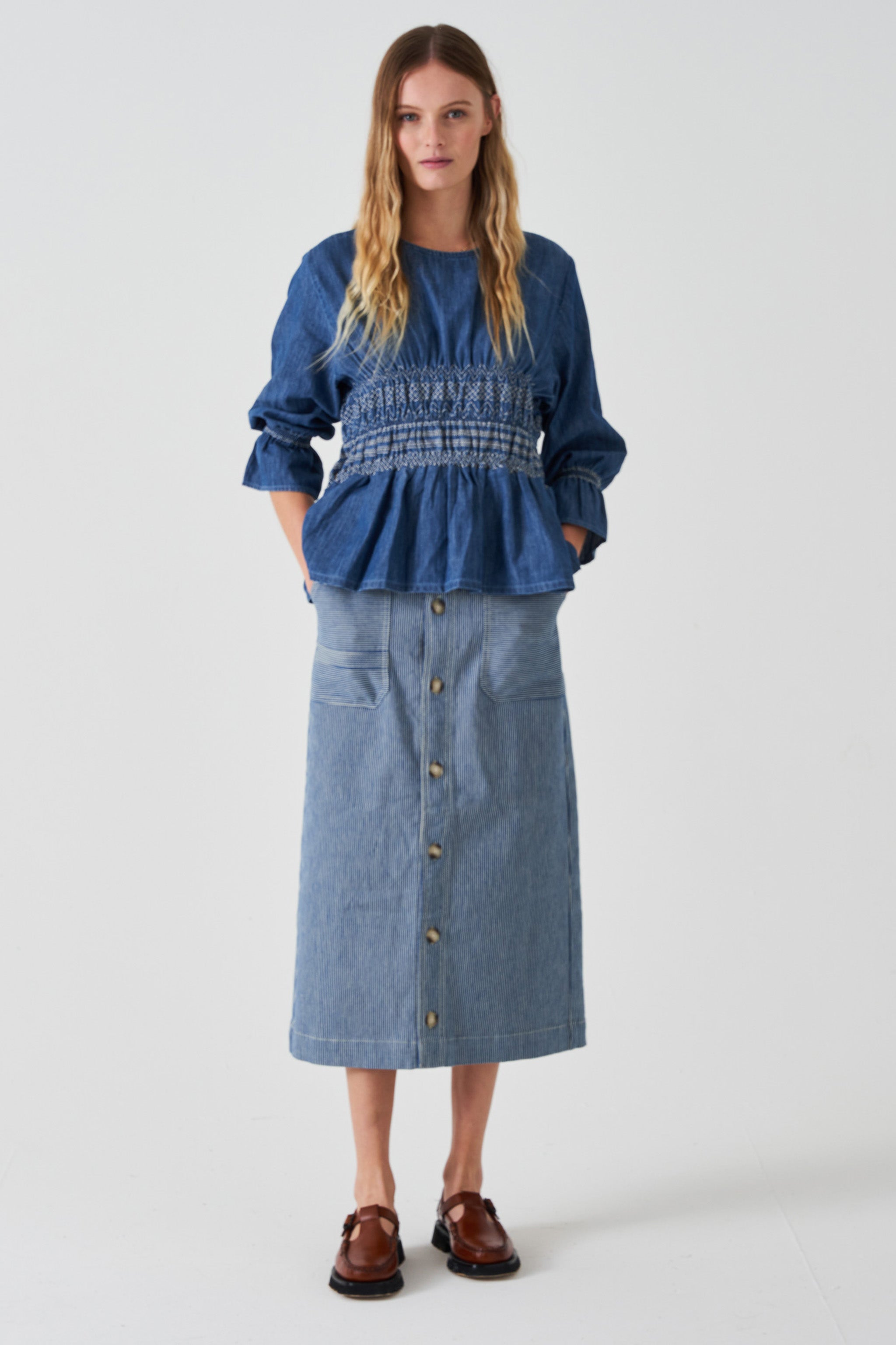 Elodie Midi Skirt in Striped Denim