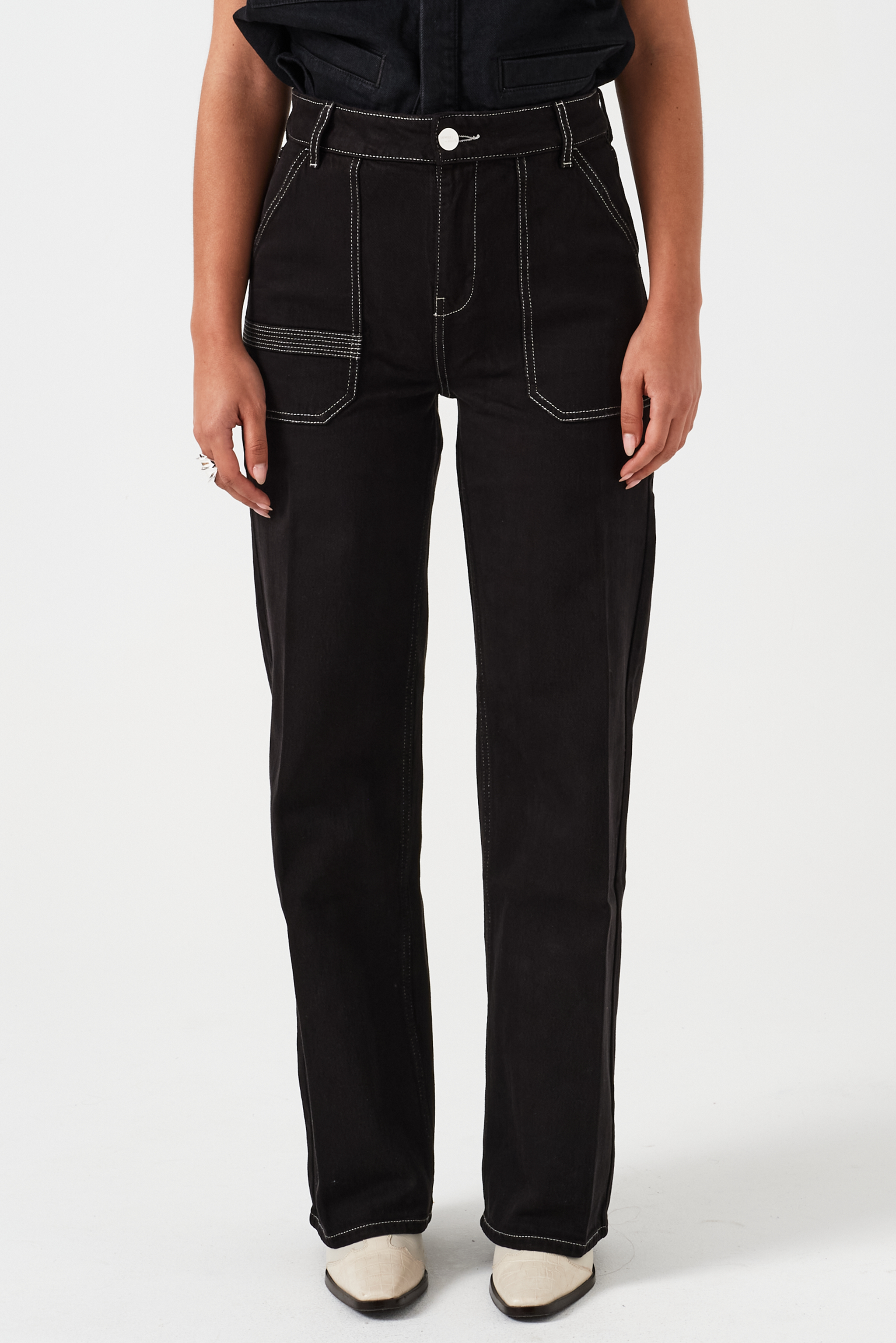 Elodie Full Length Jean in Black & Ecru Thread