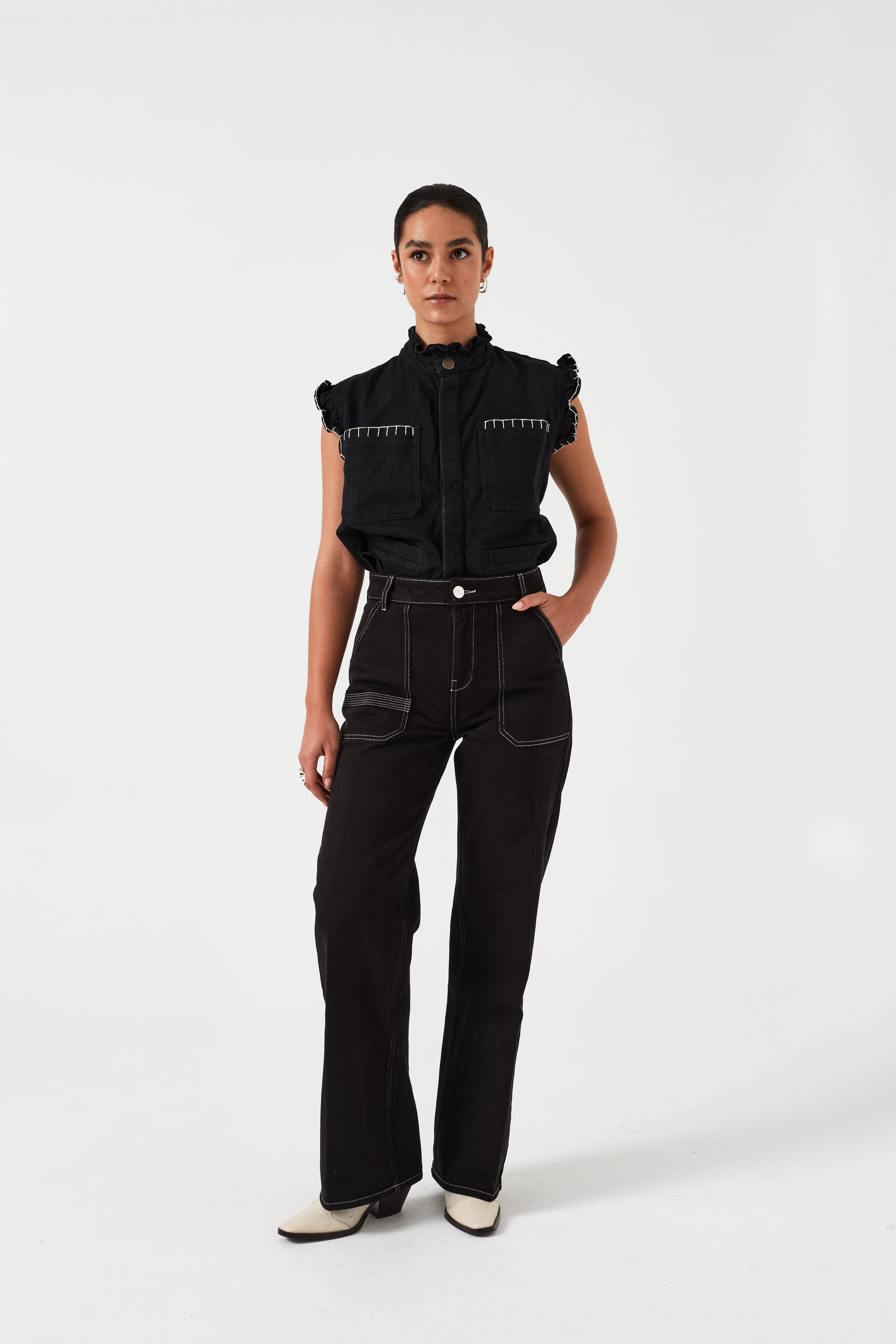 Elodie Full Length Jean in Black & Ecru Thread