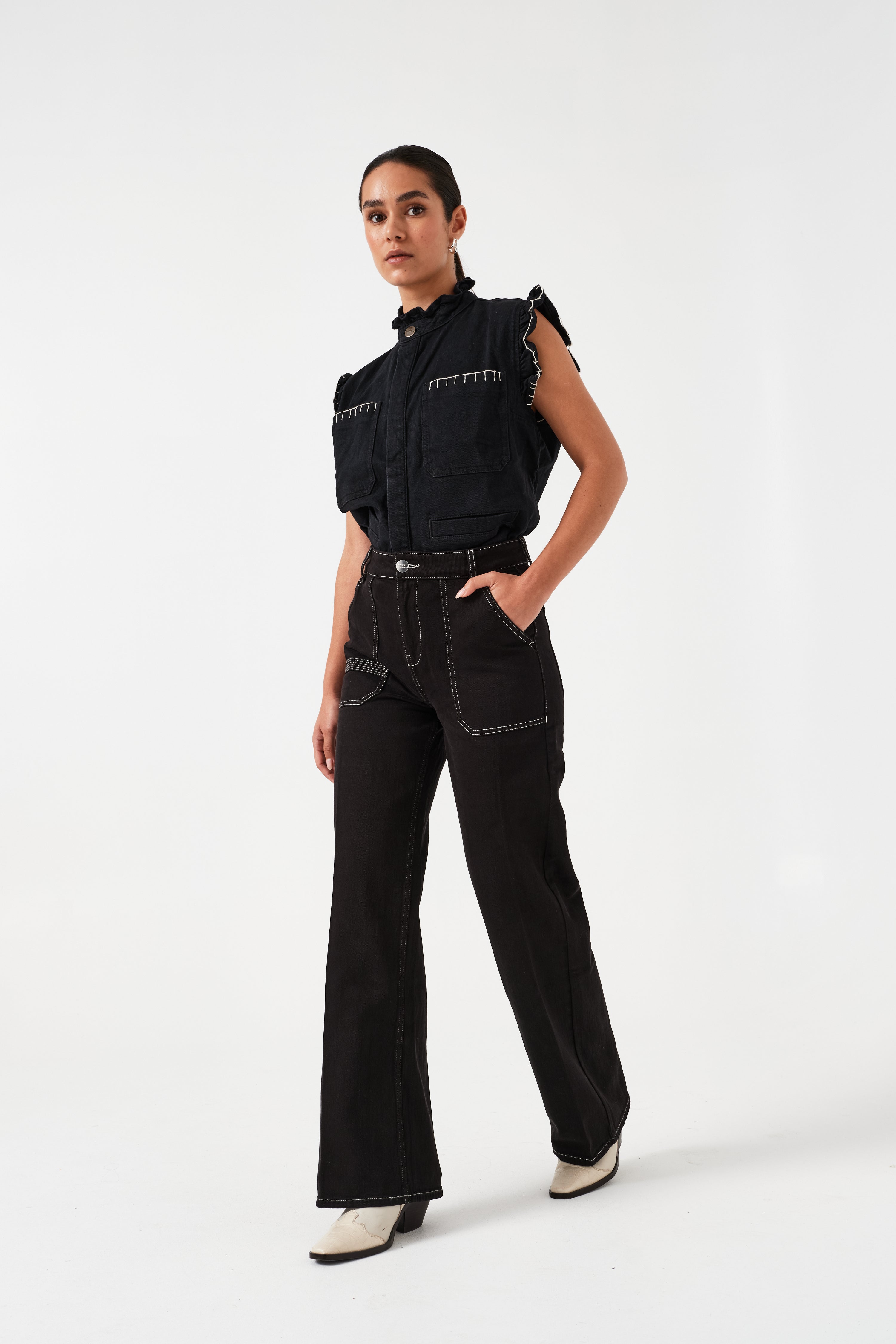 Elodie Full Length Jean in Black & Ecru Thread