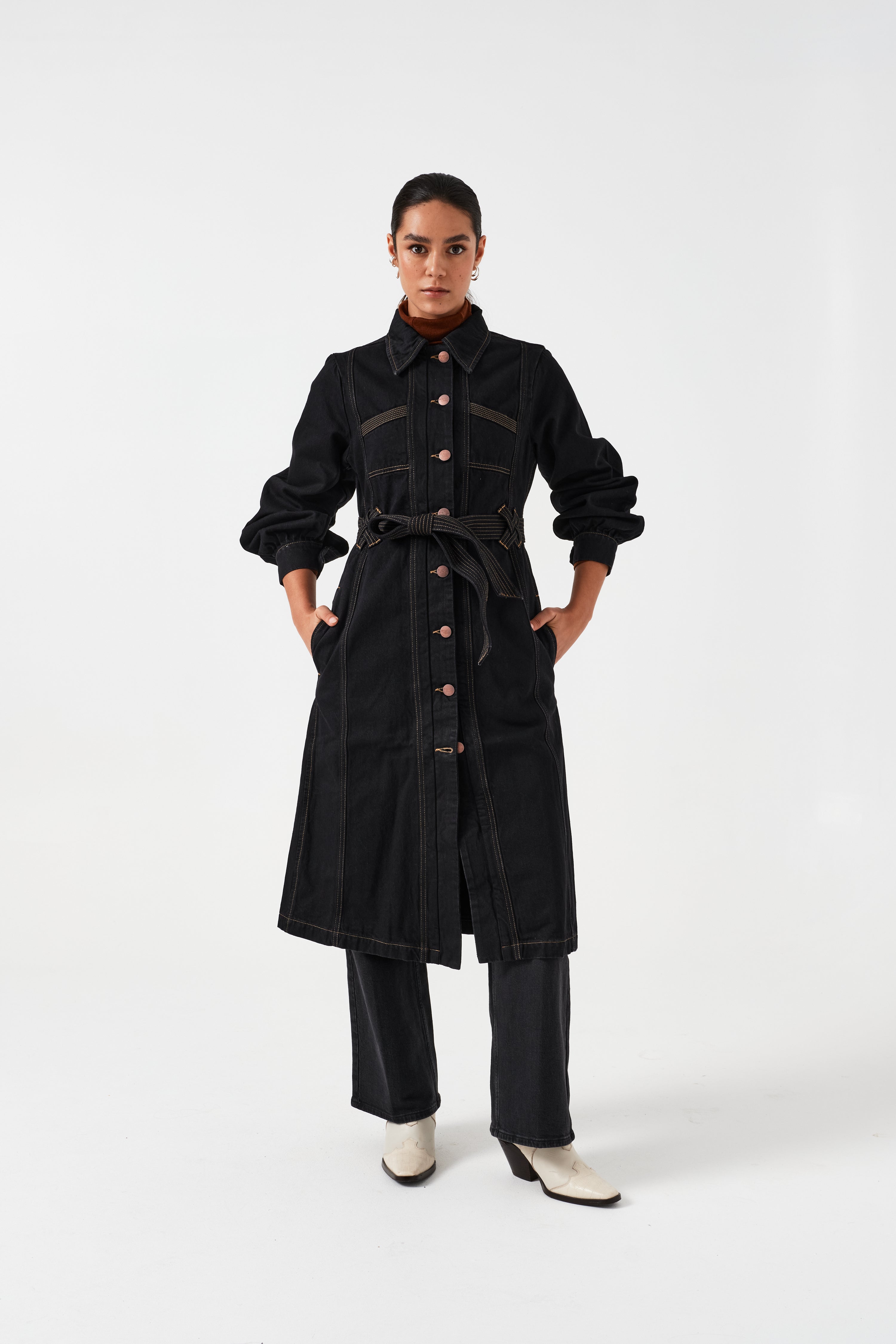 Black denim duster coat best sale