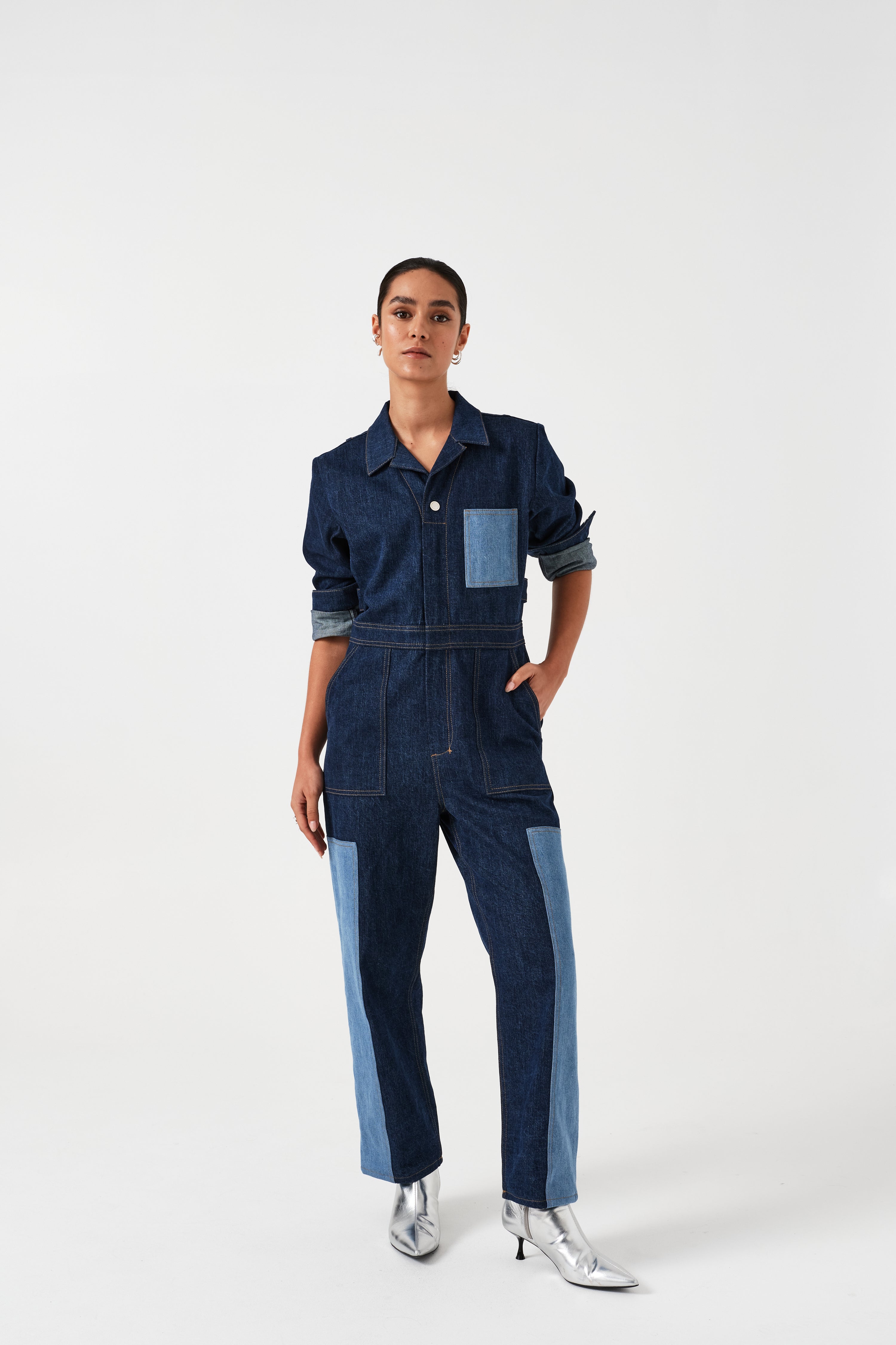 All in one denim jumpsuit on sale