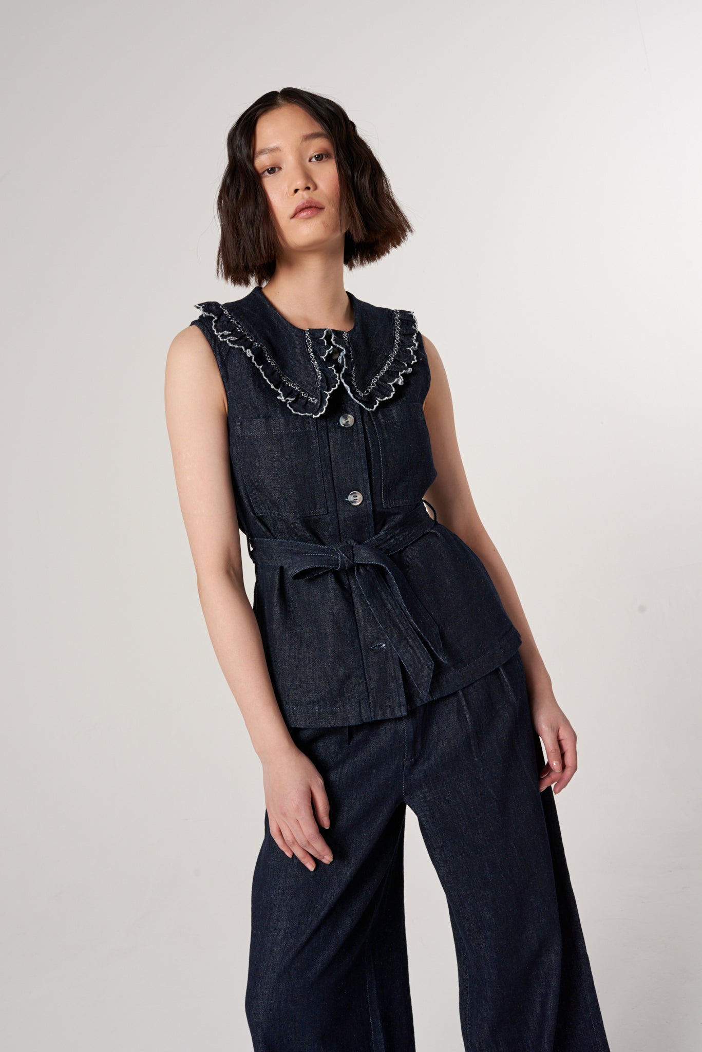 Phoebe Waistcoat in Indigo Rinse Hemp - seventy + mochi